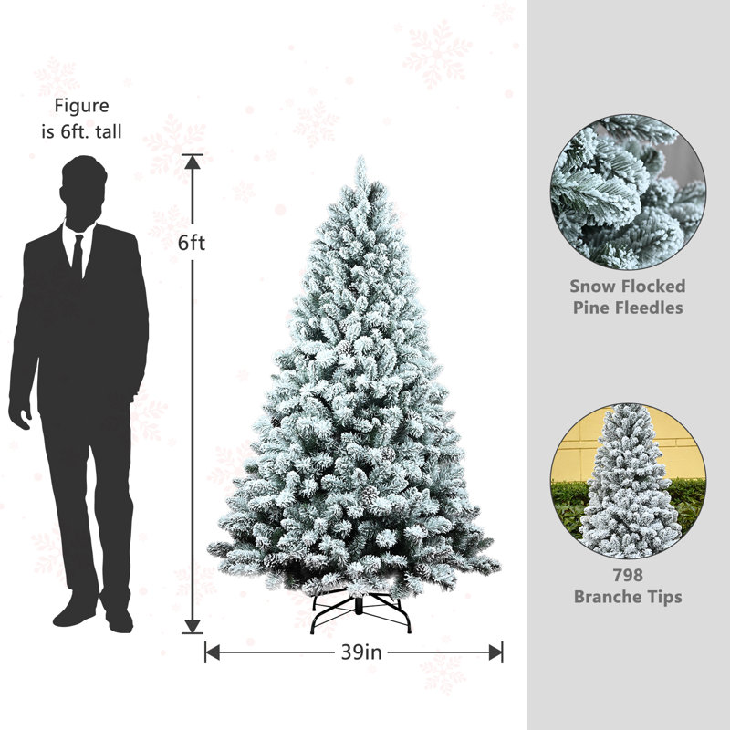  Arbre de Noël artificiel enneigé avec branches en PVC, pommes de pin et base en métal pliable, 6 pi