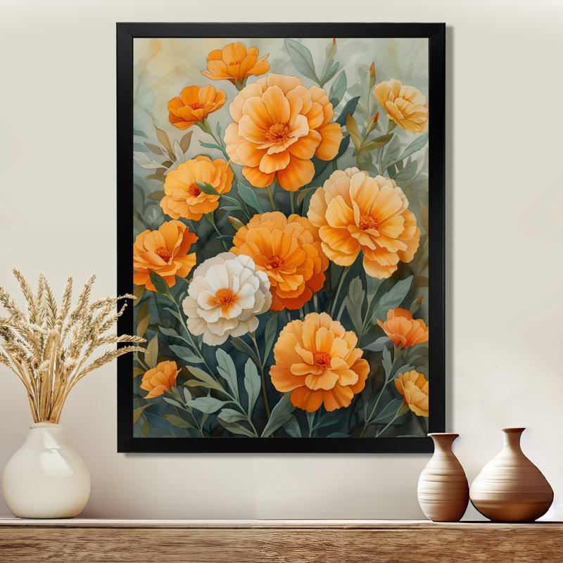 Orange orange, parfum, souci, jardin II - impression d'art mural souci, Encadrement argenté, H 12 po x l 20 po