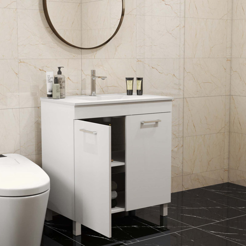 Ensemble de meuble-lavabo avec lavabo, portes doubles avec charnières à fermeture douce, armoire de salle de bain avec tablette ajustable, poignée en métal, lavabo en céramique, pieds argent réglables