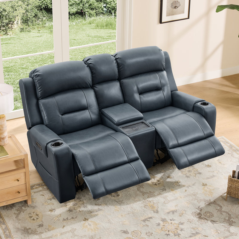 Olathe Genuine Leather Dual Motor Power Reclining Lay Flat Sofa With Power Headrest, Navy