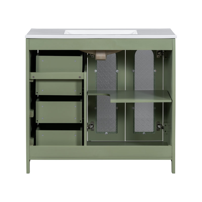 Élégant meuble-lavabo de 36 pouces avec poignées dorées et lavabo en céramique