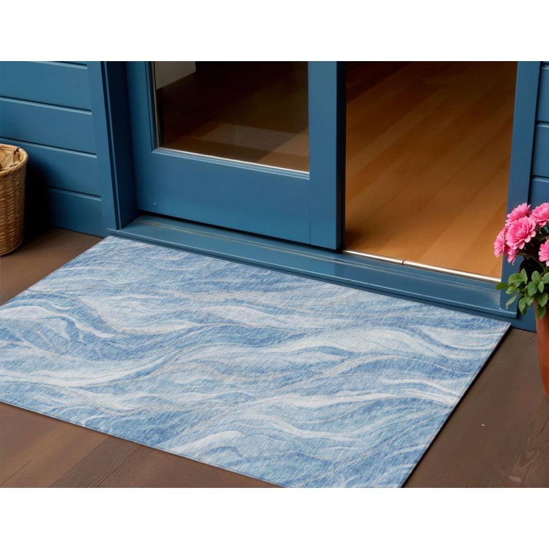 HomeRoots 3' X 5' Denim Blue And Sky Blue Abstract Washable Indoor Outdoor Area Rug