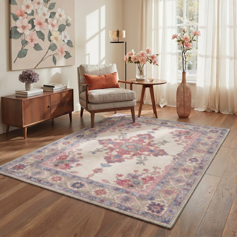 Tapis d'intérieur bleu / rose / beige à motif floral lavable à la machine Bloomfield, Rectangle 5' x 7'