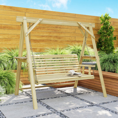 3 Seat Porch Swing with Stand and Side Tables, Natural Wood
