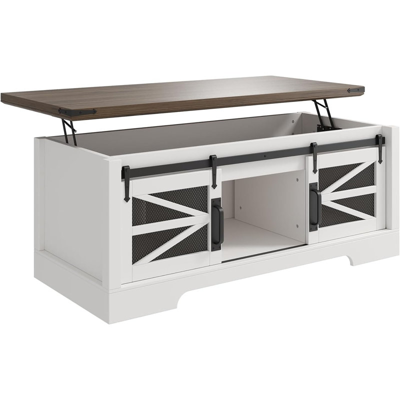 Table basse à plateau relevable, table basse multifonctionnelle avec porte de grange coulissante, compartiment de rangement caché