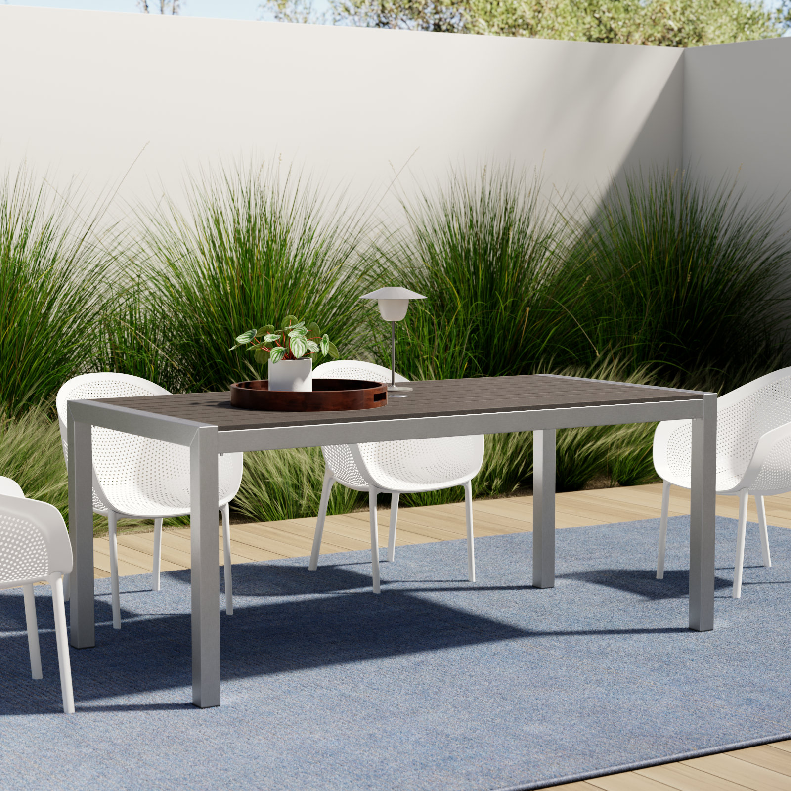 Aynura 71'' Plastic / Acrylic Outdoor Dining Table, Gray, Silver