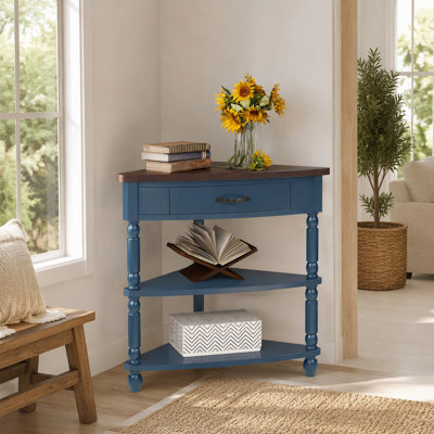 Petite table de coin triangulaire 33,8 po, table de coin en bois pour petits espaces / salon, table de bout à 3 niveaux avec pieds en bois massif, bleu marine et plateau espresso