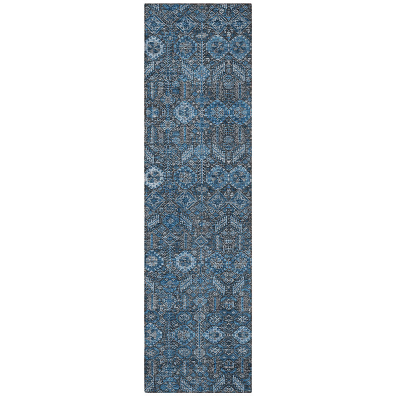 8' Runner Blue and Black Floral Washable Non Skid Indoor Outdoor Runner Rug