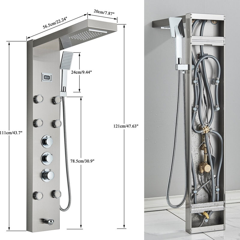 Brushed Nickel Thermostaic Shower Panel Tower Rain&Waterfall Massage System Jet Stainless Steel
