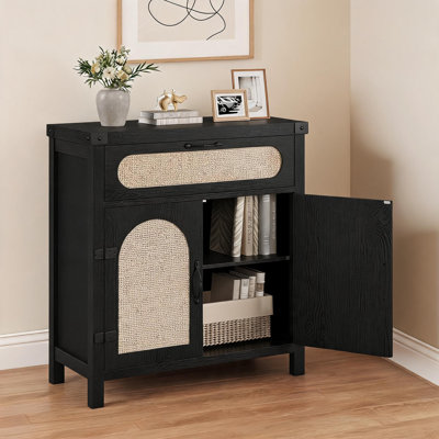 Armoire de rangement décorative en rotin noir avec tiroir, buffet de style campagnard avec tablettes intérieures réglables, petite armoire à crédence pour le couloir de la cuisine du salon d'entrée