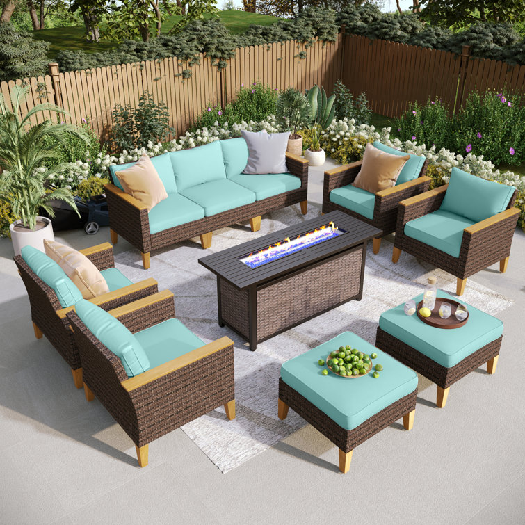 Ensemble de mobilier d'extérieur en osier 9 pièces, ensemble de patio modulaire avec coussins beiges Argyri, table de foyer