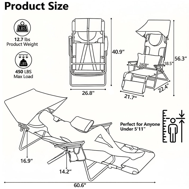 Backpack Folding Beach Chair With Adjustable Sunshade, Backrest And Footrest, Reclining Lounge Chair Facedown Tanning Chair For Beach Camping Pool Patio