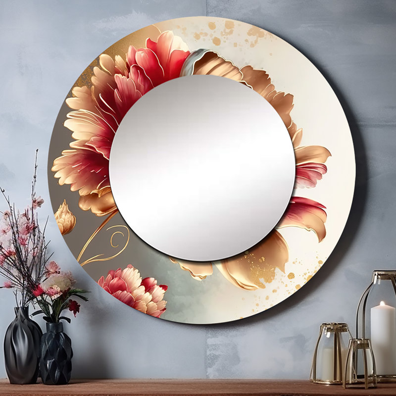 Raelean Bold Red Floral Design I - Floral Large Wall Mirror, Red Round Decorative Mirror, Printed Metal Art, 36" x 36"