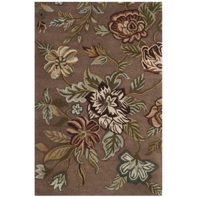 Tapis en laine, coton et latex brun à motif floral crocheté à la main Emrick