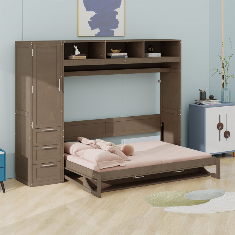 Lit escamotable avec garde-robe, tiroirs et tablettes ouvertes Murphy