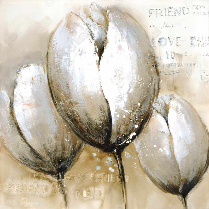 Trois tulipes avec typographie - toile encadrée 36 po x 36 po, H 36 po x l 36 po x P 1,5 po