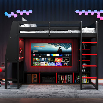 Wood Full Size Gaming Loft Bed with Desk, Multi-storage Shelves, LED and a Hanging Clothes Rack, Black