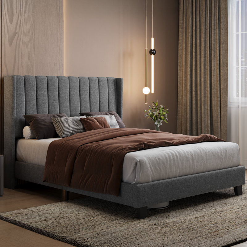 Upholstered Bed Frame with Channel Tufted Headboard, Kingsize (5'), Light Grey