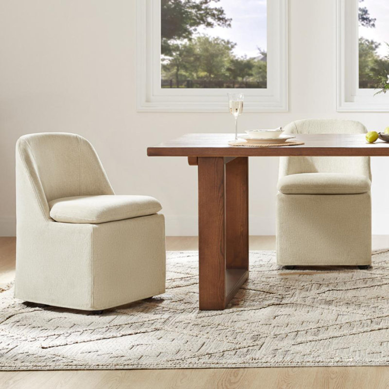 Upholstered Dining Chair with Washable Slipcover & Casters, Sand