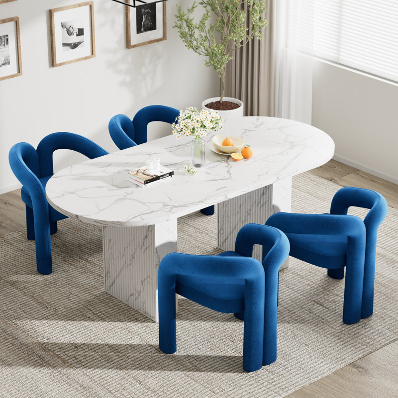 Ensemble de table de salle à manger 62,9 pouces, Blanc, 5 pièces: table, 4 chaises, Bleu