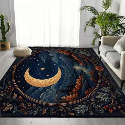 Vintage Celestial Mountain Area Rug, Moon Star Nature Pattern, Machine Washable Non-Slip Floor Carpet, Stylish Artistic Indoor Home Decor for Living Room, Bedroom, Entryway, Front Door, Kitchen, Balcony, Apartment