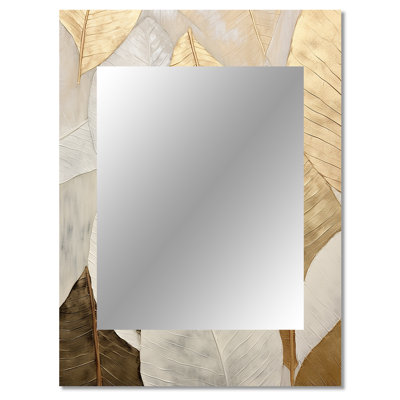 Gold Minimalism Leaves Collage III - Leaves Decorative Mirror, Traditional Wall Mirror, Printed Metal Art