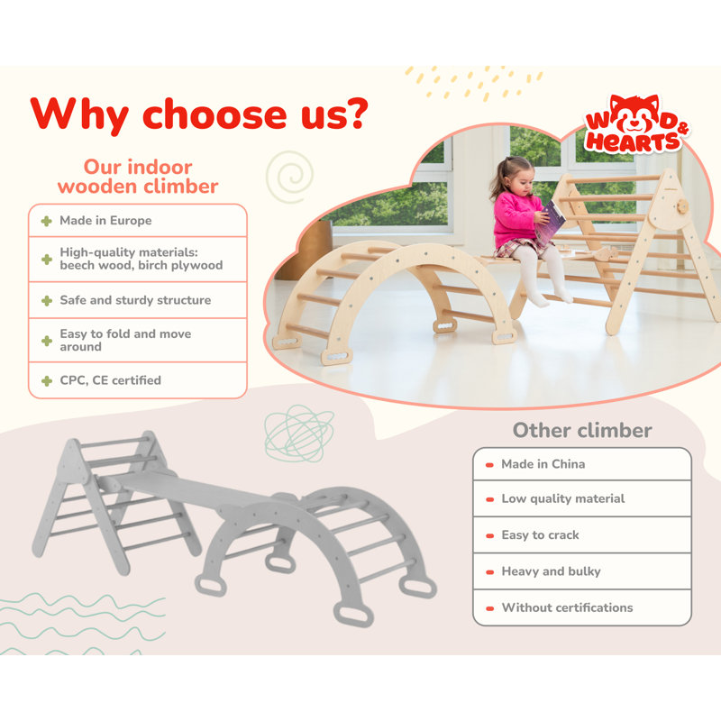 Natural Wood Montessori Climbing Set with Slide and Arch