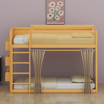 Bunk bed with storage shelf, privacy curtains, woven detailing and integrated lighting for contemporary bedrooms