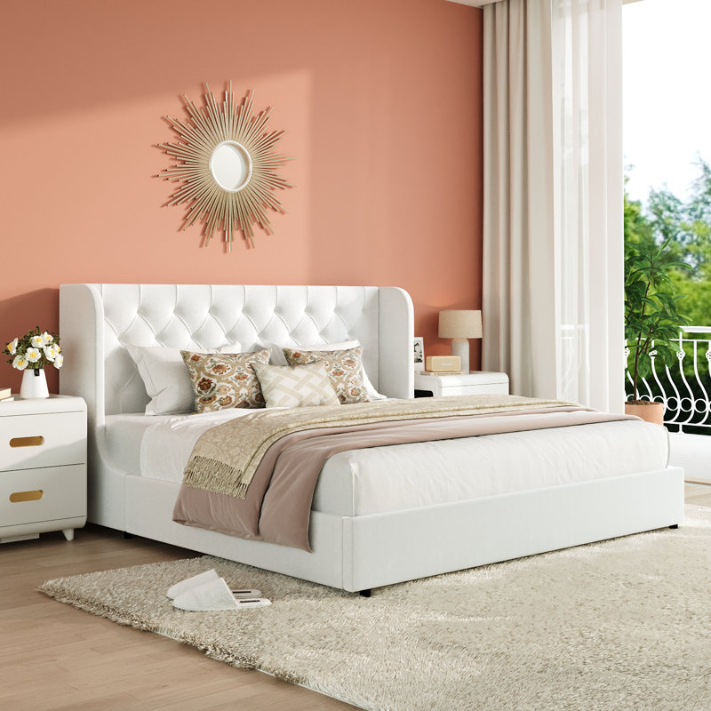 Lit plateforme tapissier Kewania Bedback, Blanc, Très grand lit
