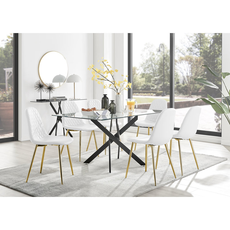 Lenworth Modern Black Metal and Glass Dining Table Set with 6 Luxury Faux Leather Dining Chairs, White/Gold