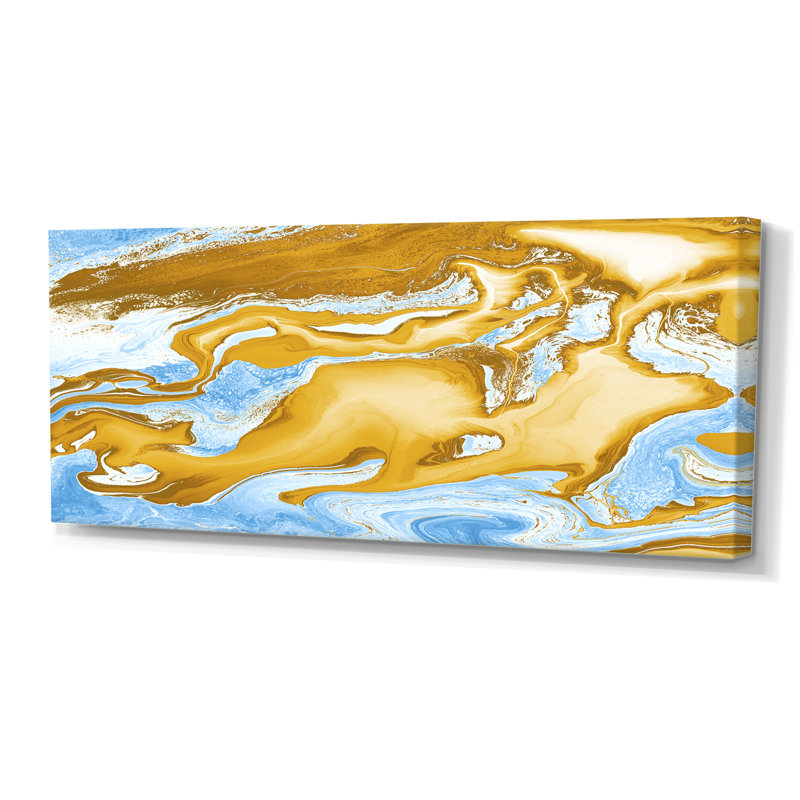 Vagues de marbre bleues et dorées - Peinture sur toile, H 28 po x l 60 po x P 1,5 po, Toile tendue