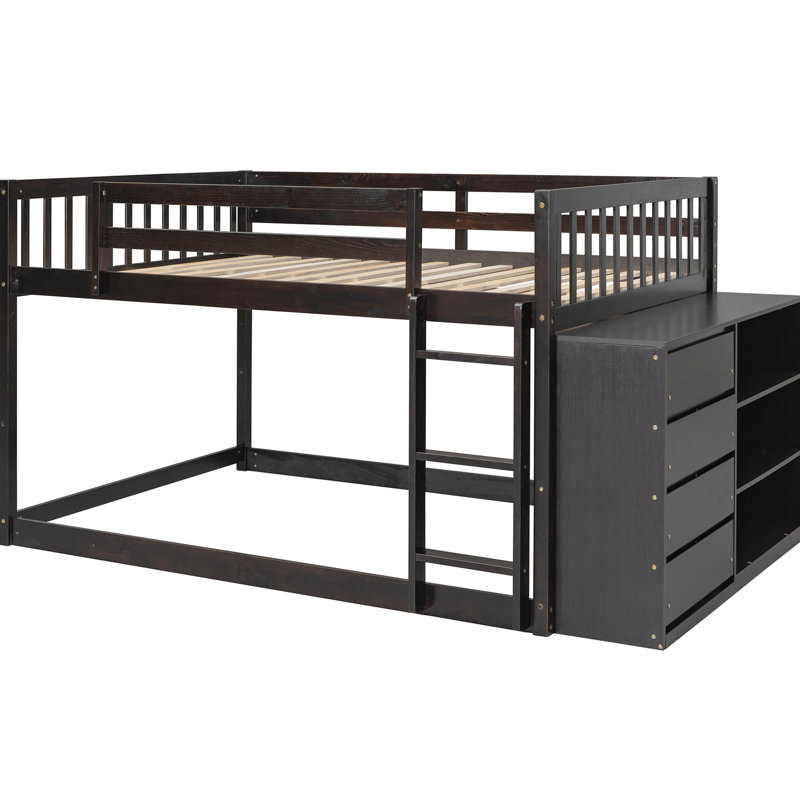 Lit double superposé double avec rangement, 4 tiroirs et 3 tablettes, fabriqué en bois de pin massif pour un cadre de chambre à coucher élégant et un espace de rangement, tablettes charmantes