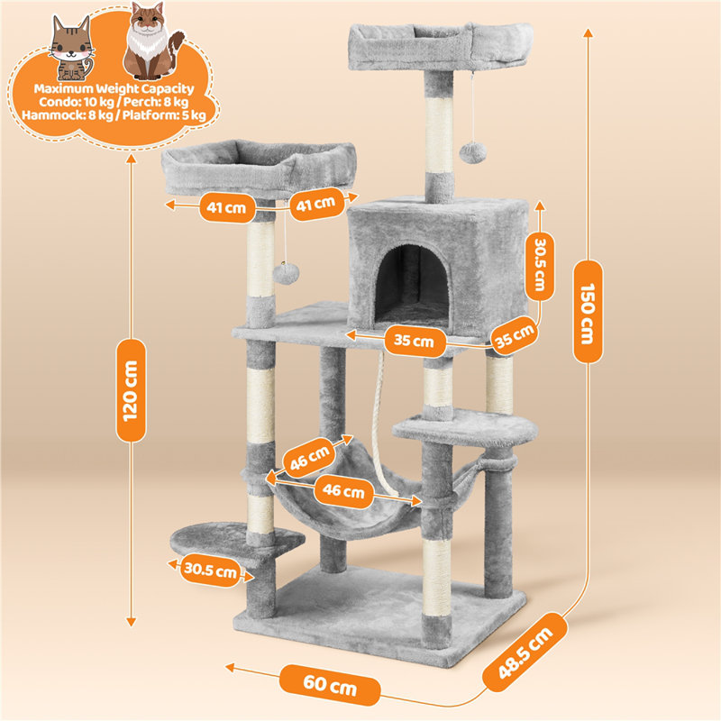 Multilevel 150cm Cat Tree, Light Grey