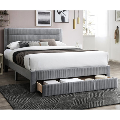 Lit double contemporain gris en velours côtelé avec capitonnage horizontal et rangement sous le tiroir pour un style moderne sans sommier