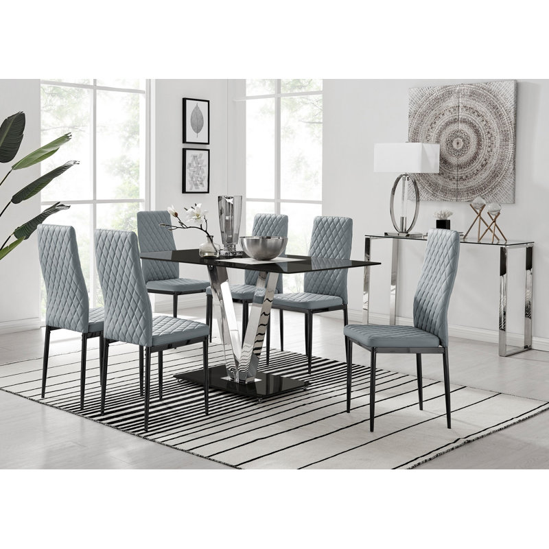 Ransart Modern Luxury Glass & Metal Dining Table Set With 6 Quilted Faux Leather Dining Chairs, Black, Grey/Black