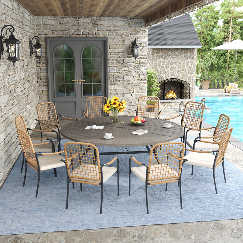 10-Person Outdoor Patio Dining Set With Rattan Armchair, Gray Woodlike