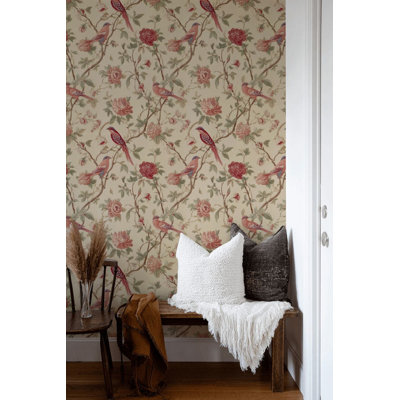 Vintage Bird And Floral Wallpaper Beige Peel And Stick Botanical Wall Mural
