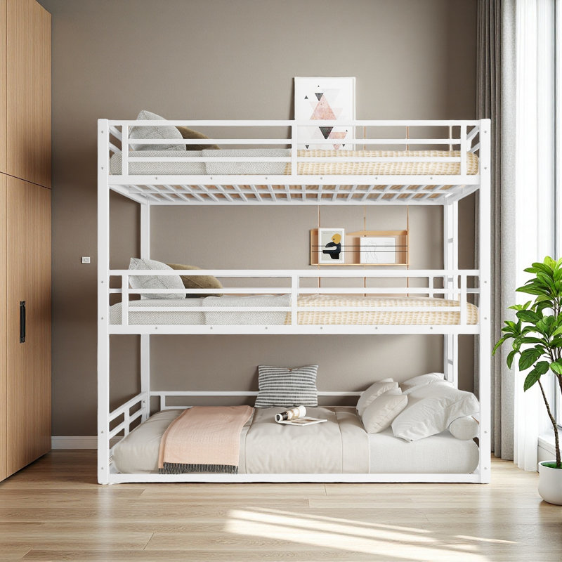 Bunk Bed, Heavy-Duty Metal Triple Bunk Bed with Guardrails and Noise-Reducing Design, Space-Saving, Full over Full over Full