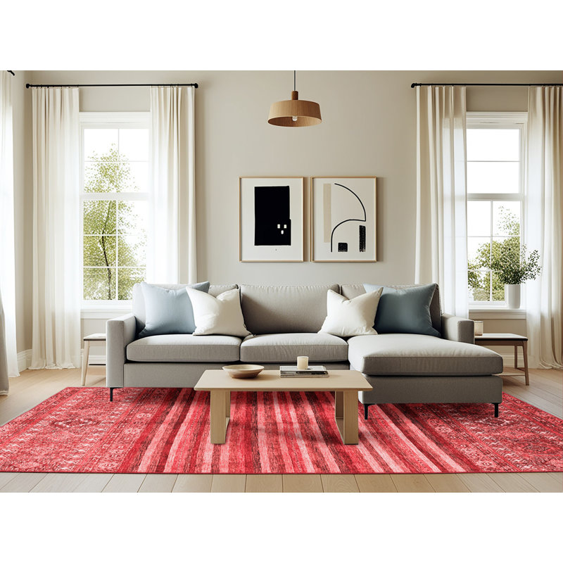 Tapis géométrique tissé à la machine en rouge, Rectangle 6 pi x 9 pi