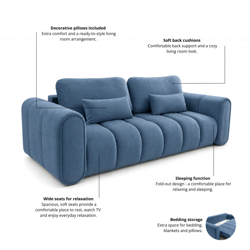 3 Seater Sofa Bed with Cushions, Blue RIVIERA 74