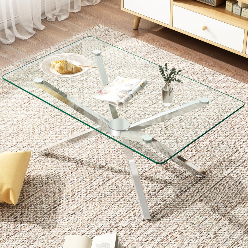 Table basse rectangulaire en verre trempé transparent de 101,6 cm (40,02 po), de haute qualité, avec pattes en métal argenté. Parfait pour les espaces de travail de bureau. Facile à nettoyer et au design performant.