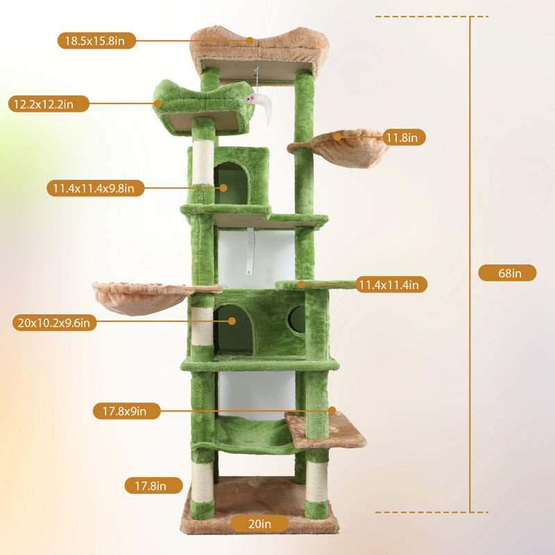 Arbre à chat 68 pouces à plusieurs niveaux pour grimper et faire la sieste, 6 aires de jeu, coussins moelleux amovibles, poteaux à griffer enveloppés, hamacs confortables et confortables, largeur de 18,16 po, l 41,28 lb