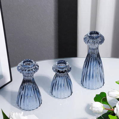 Set of 3 Vertical Ribbed Glass Taper Candle Holders – 3 Heights, Elegant Curved Design, Stable Wide Base for Wedding, Table & Home Decor