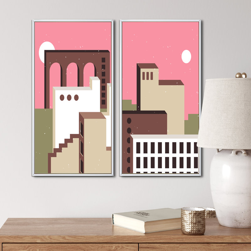 Minimal Abstract Shapes in Retro Colors II - ensemble de 2 impressions, H 20 po x l 24 po x P 1 po, Toile avec cadre blanc