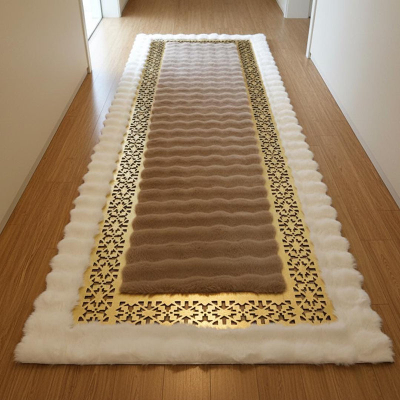 Tapis de couloir à bordure dorée blanc et brun, Rectangle de 9 pi 6 po x 13 pi 6 po