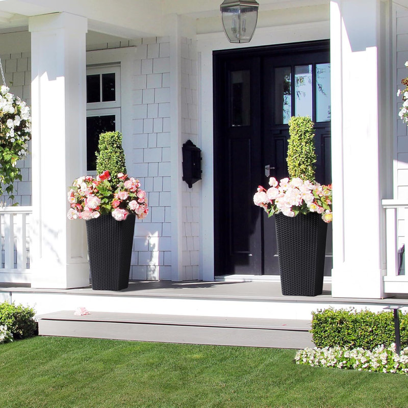 Large Outdoor Tall Planter Black Flower Pots, 23" Rattan Front Porch Decor Plant Pots With Water Level Monitor, Automatic Watering(2 Packs)