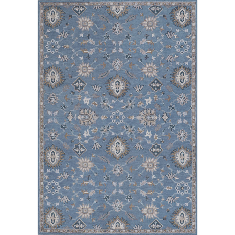 Greer Hand Tufted Wool Floral/Oriental Area Rug in Denim/Brown/Cream/Tan/Teal, Rectangle 8'6" x 12'6"