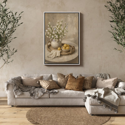 White Floral Still Life with Lemons Framed Print Wall Art