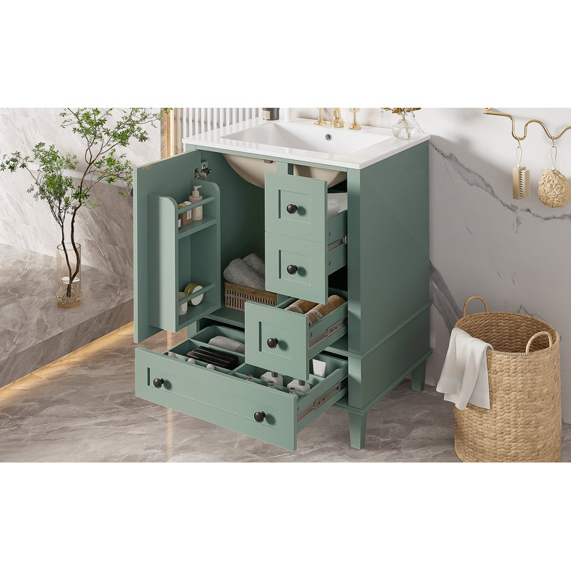 Meuble-lavabo de salle de bain avec lavabo en céramique, tiroirs à fermeture en douceur et une porte à fermeture en douceur