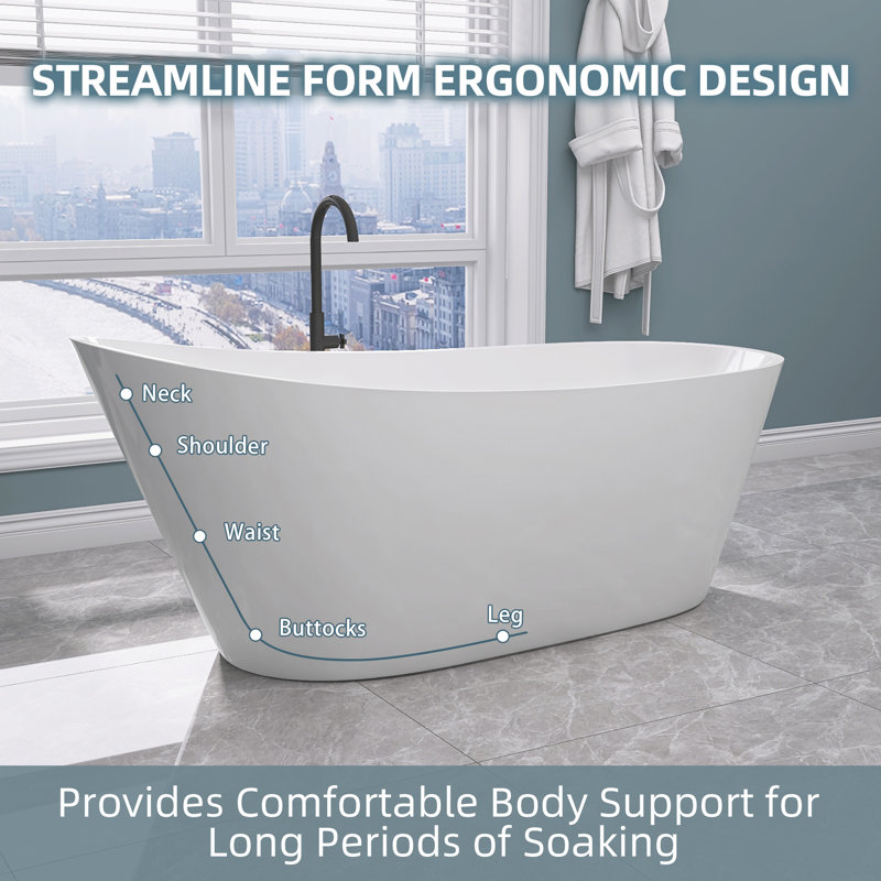 59" x 29" Freestanding Soaking Acrylic Bathtub, Glossy White